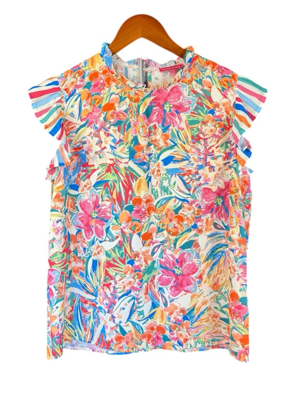 Flying Tomato Tropical Floral Ruffle-Sleeve Top in Pink & Teal - Picture 2 of 8